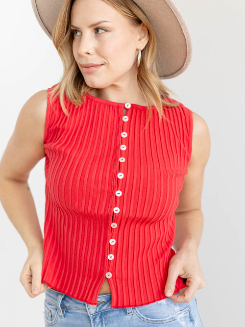 stretchy ribbed red button down tank
