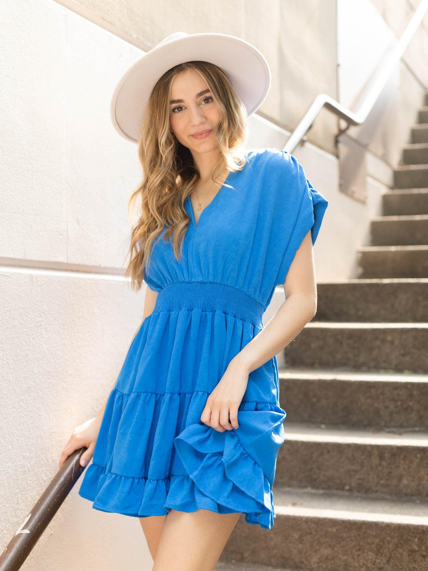 short sleeve blue dress