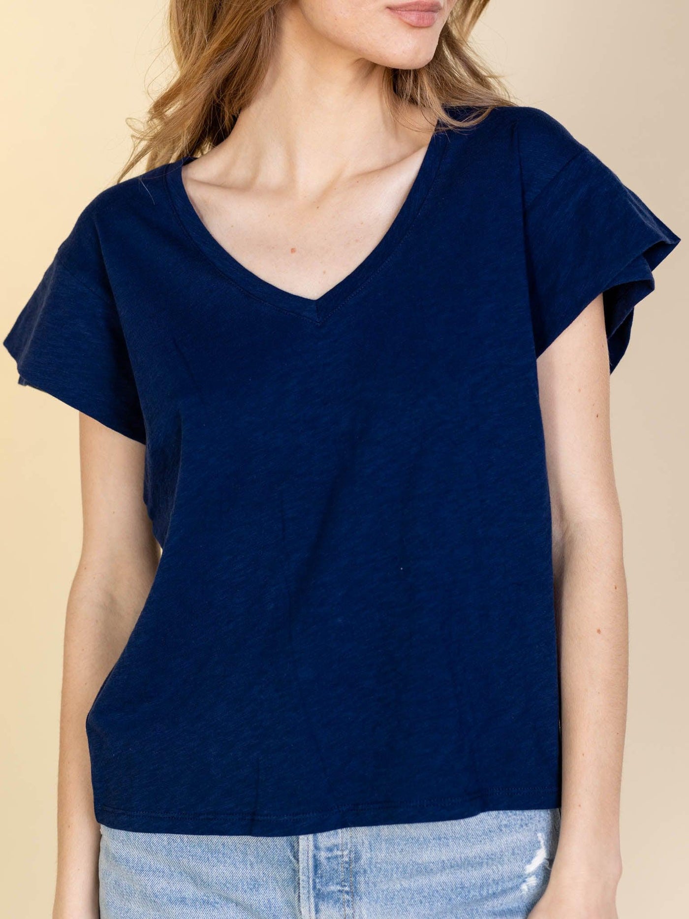 v-neck blue shirt
