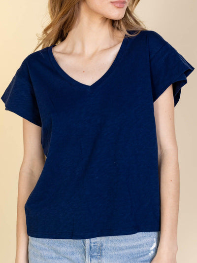 v-neck blue shirt