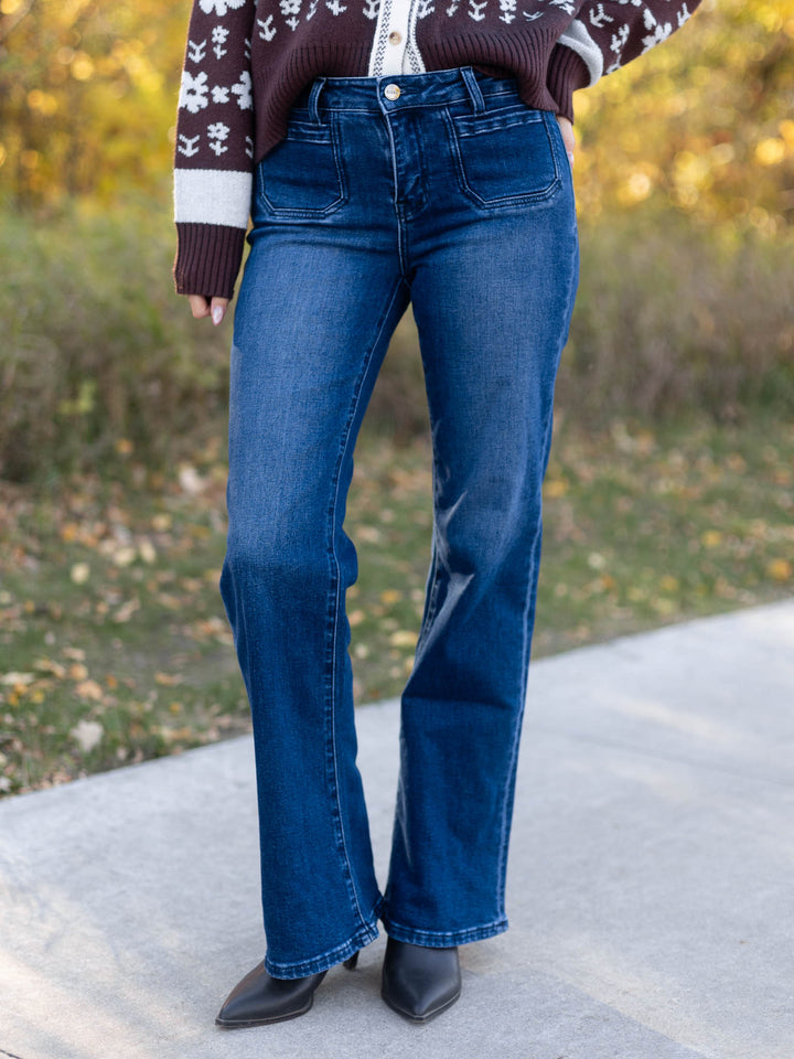 RISEN Dark Mid Rise Stretch Patch Pocket Flare