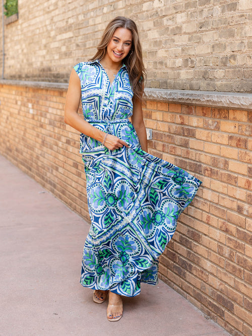 green and blue floral maxi dress