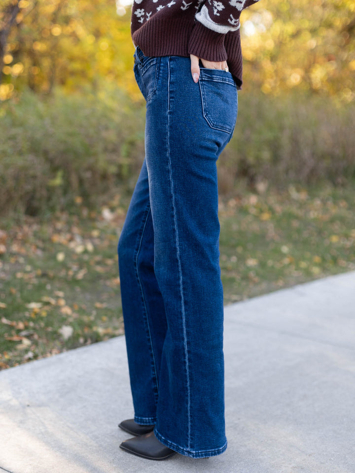 RISEN Dark Mid Rise Stretch Patch Pocket Flare
