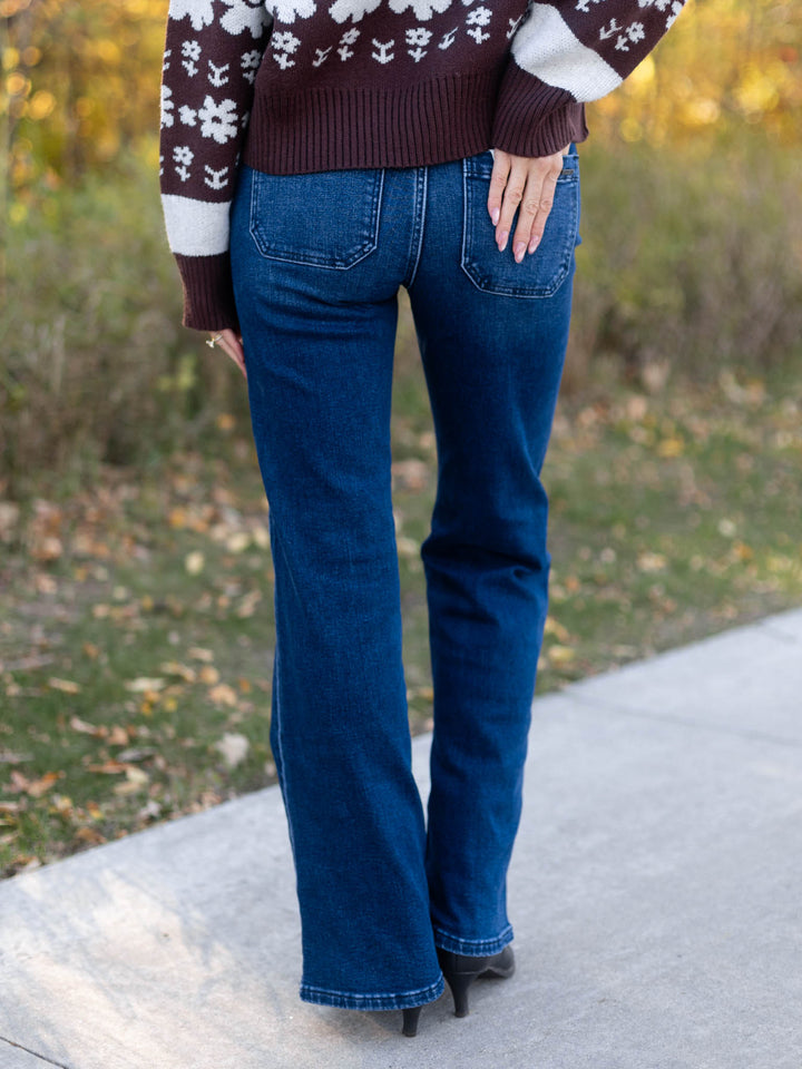 RISEN Dark Mid Rise Stretch Patch Pocket Flare