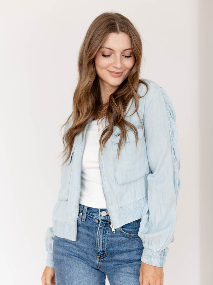 Mystree Gathered Sleeve Tencel Bomber Jacket
