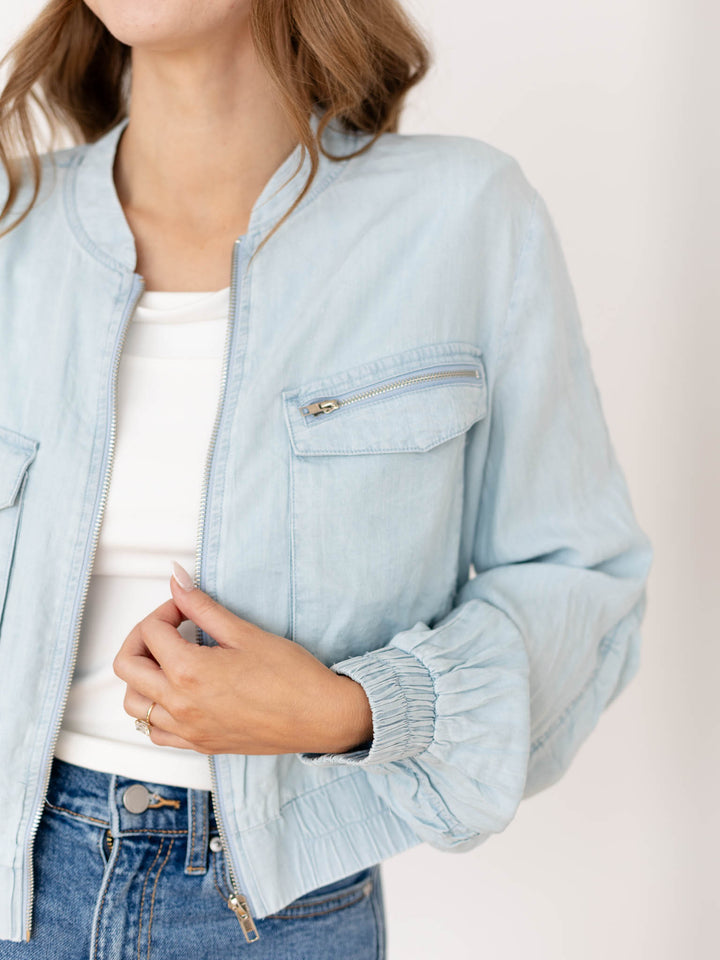 Mystree Gathered Sleeve Tencel Bomber Jacket