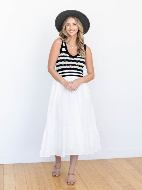 black and white stripe mixed knit dress