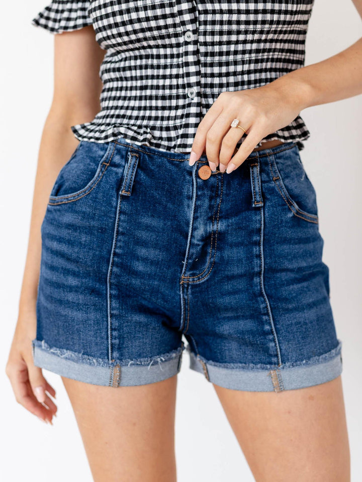 dark wash cuffed pintuck denim shorts
