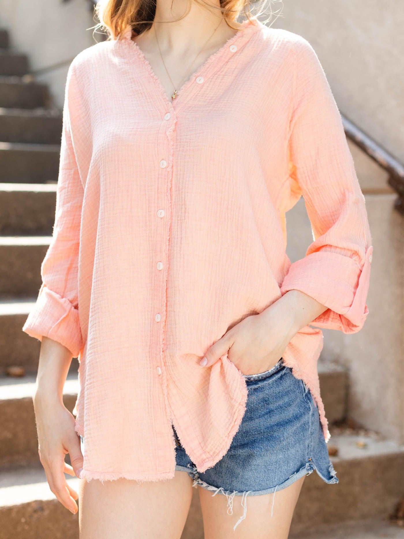 textured roll tab gauze shirt
