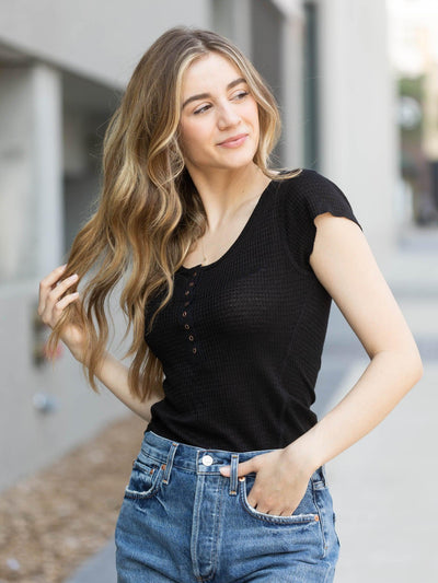 black button front top