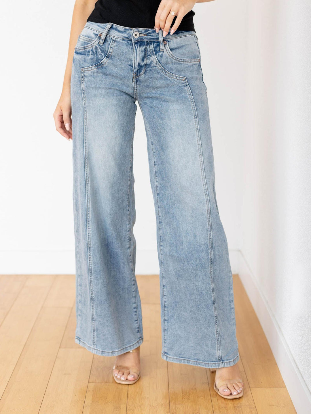 medium wash mid rise denim