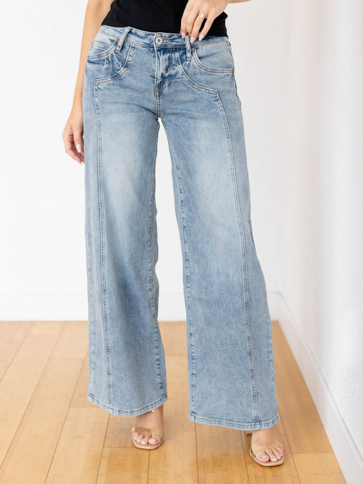 medium wash mid rise denim