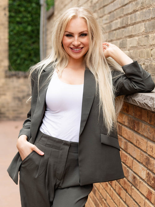 dark olive ruched sleeve blazer