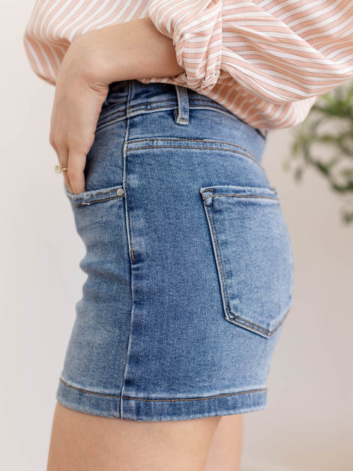 double button bow waist denim shorts