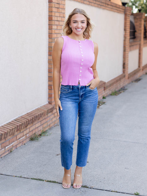bold pink button front textured tank