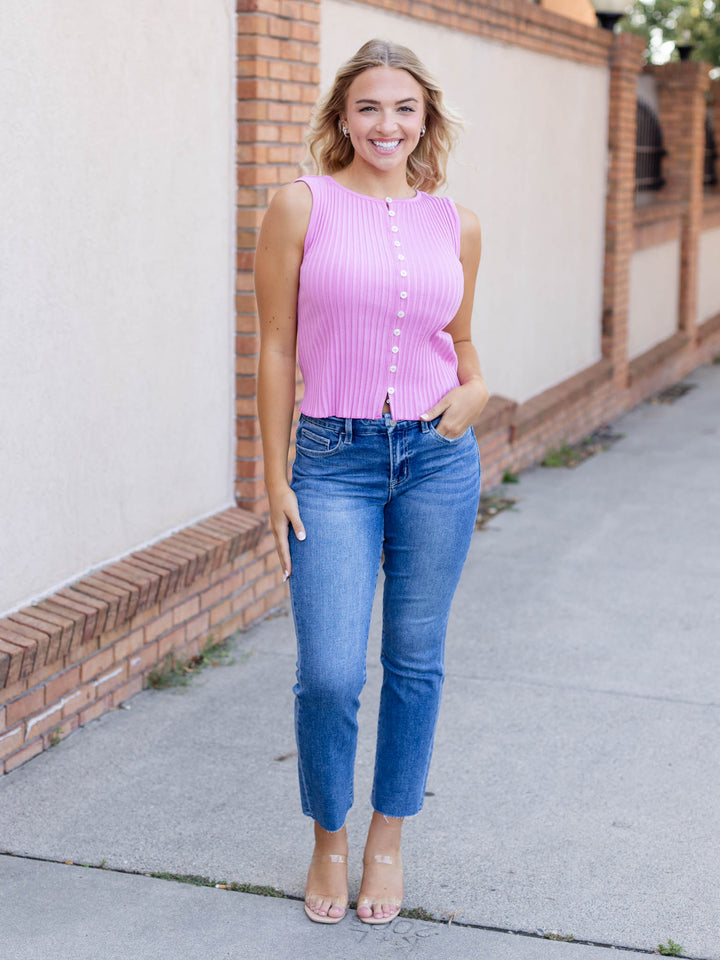 bold pink button front textured tank