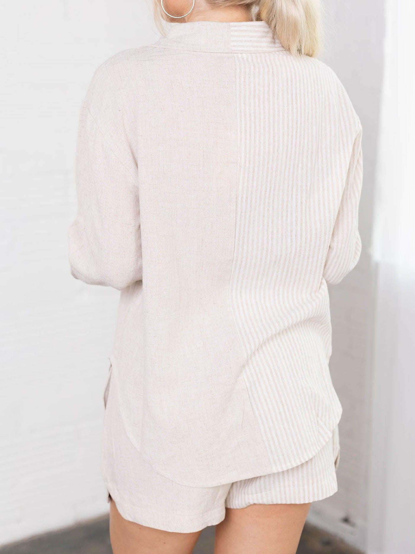 two tone mixed linen blend button down