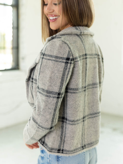 plaid fuzzy zip moto jacket