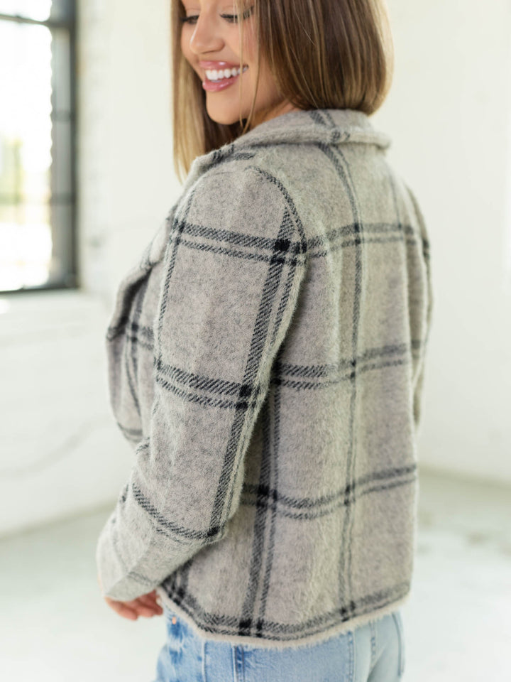 plaid fuzzy zip moto jacket