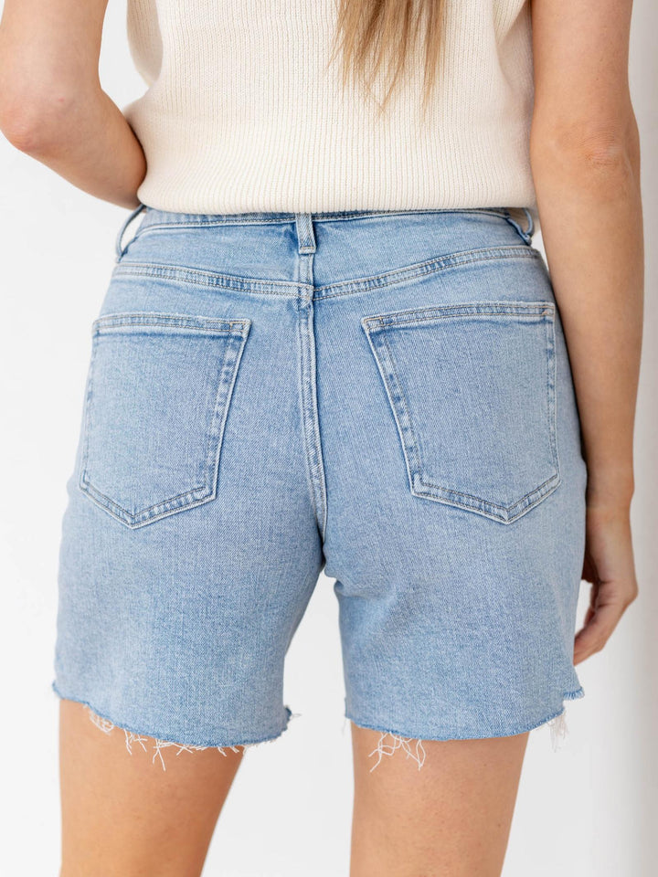mid length inseam denim shorts