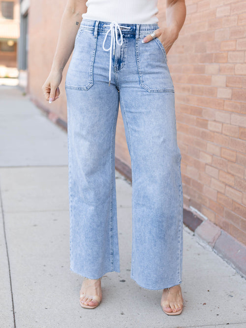 drawstring waist denim wide leg pants