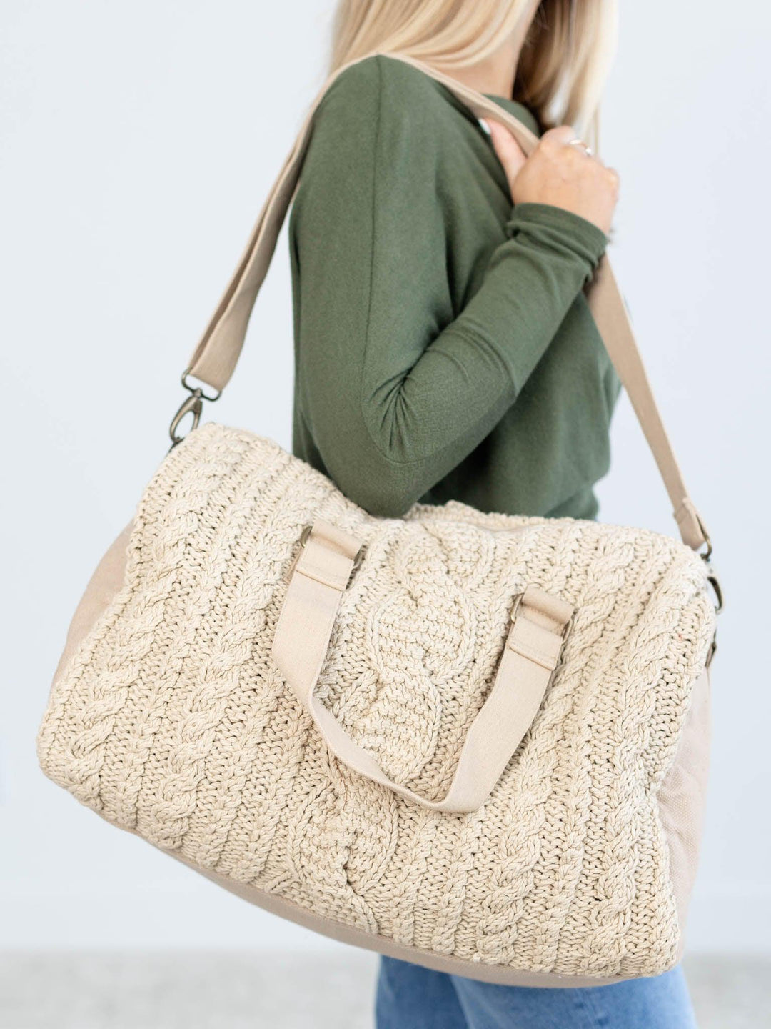 cable knit duffle bag