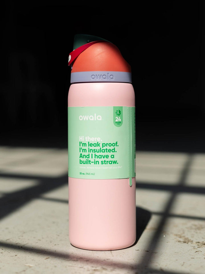 pink and colored water bottle