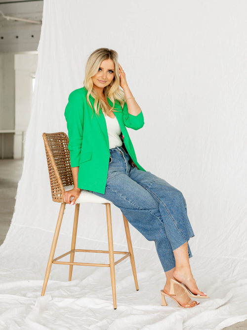 bright green ruched sleeve blazer
