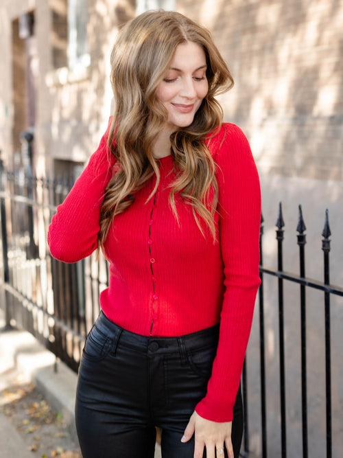 red pointelle fitted cardi