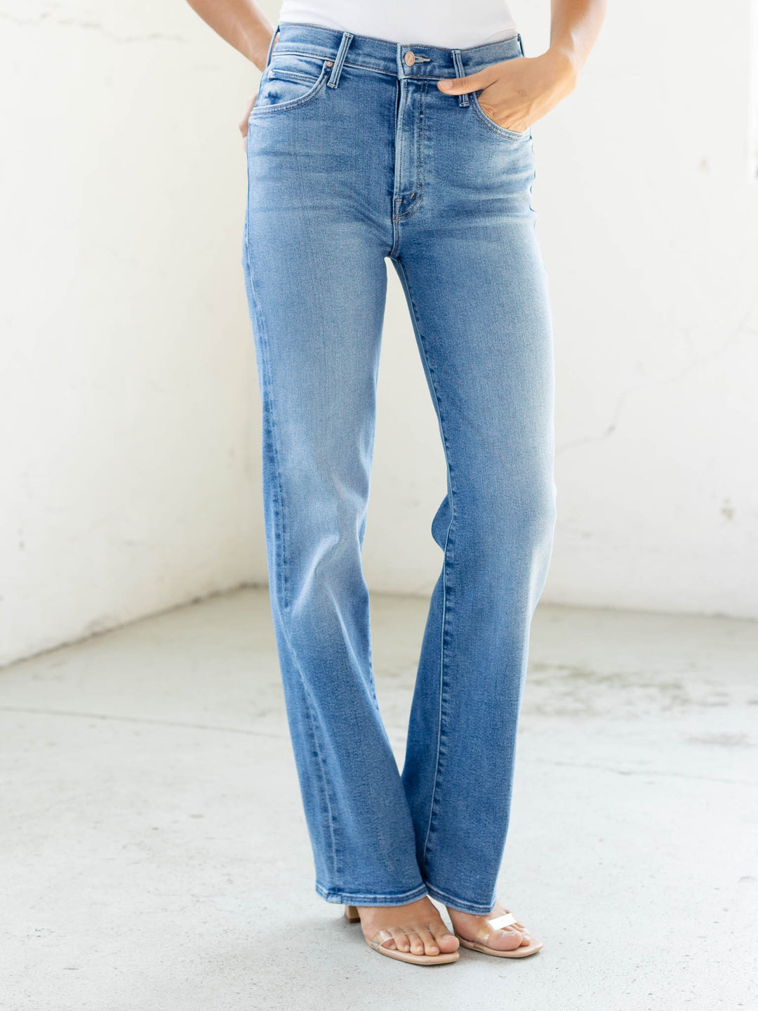 medium wash straight leg denim