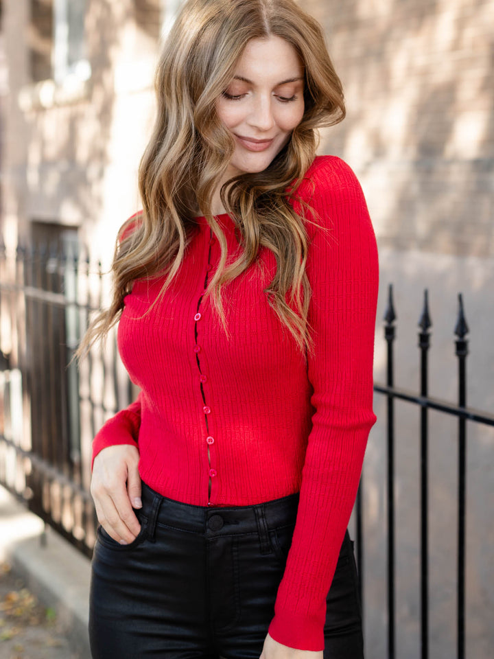 red pointelle fitted cardi