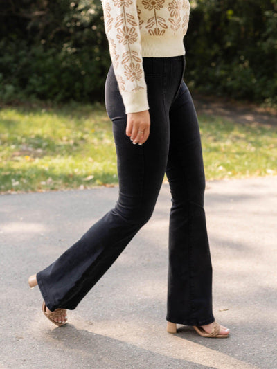 washed black flare denim