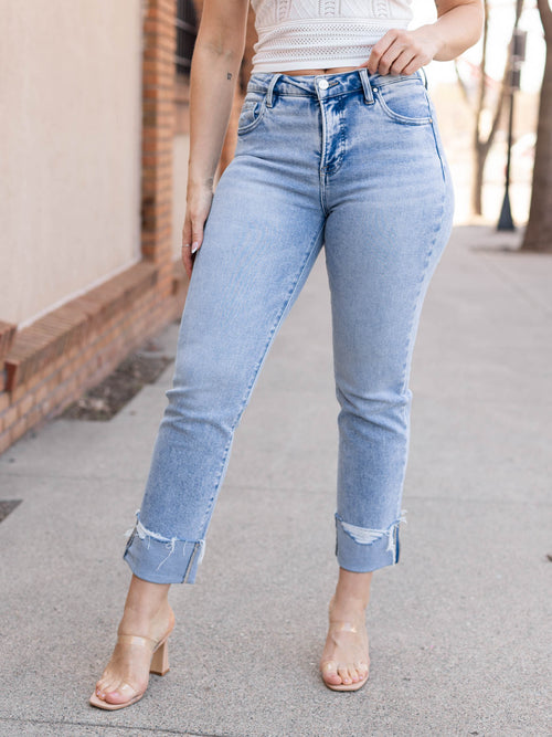 light wash cuffed straight denim