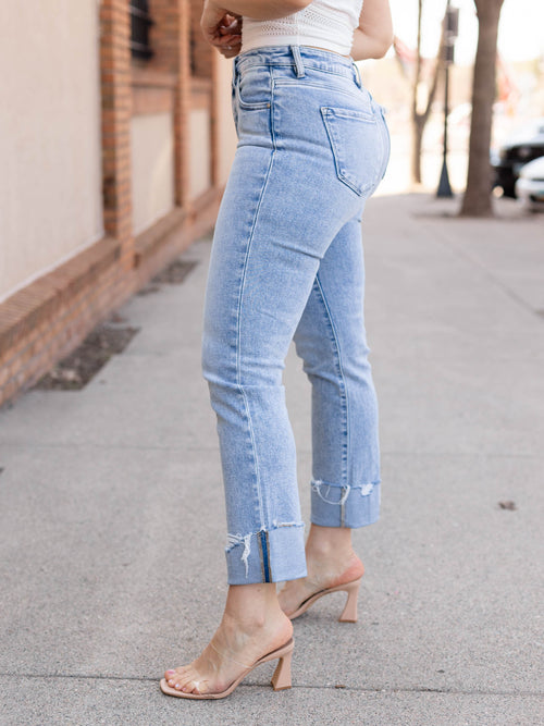 light wash cuffed straight denim
