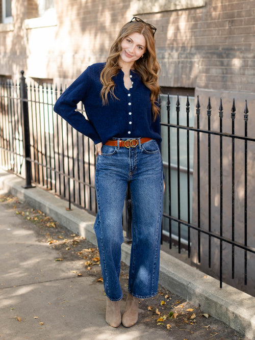 blue button front cardi