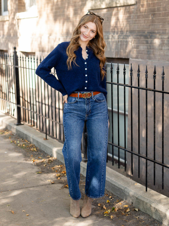 blue button front cardi