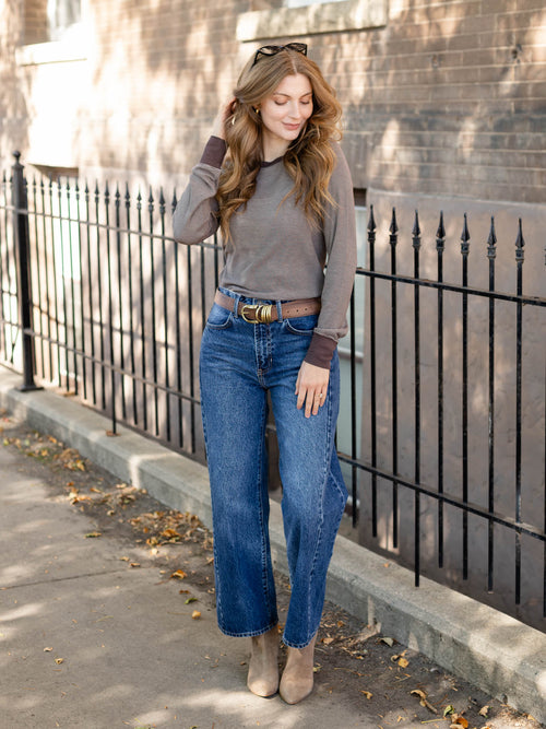 brown and white stripe long sleeve top