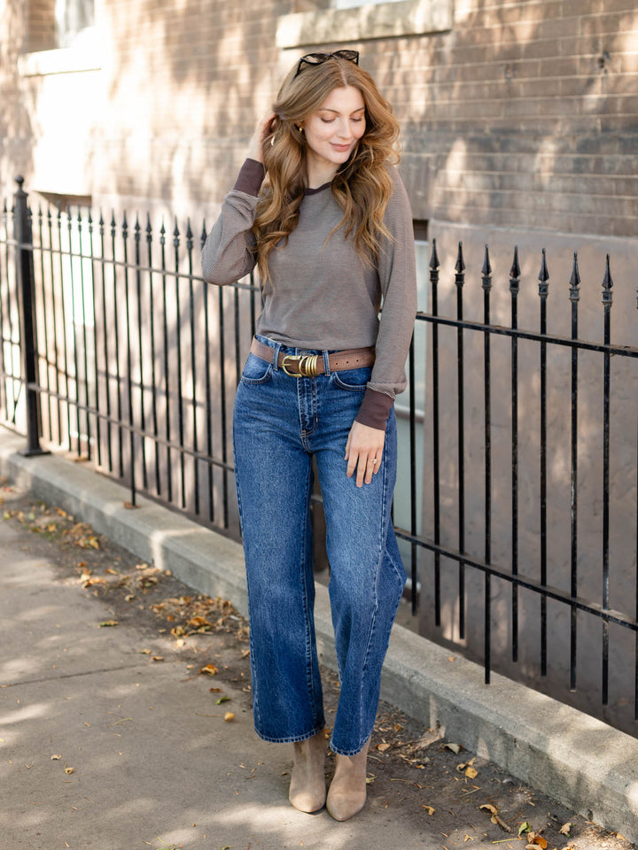 brown and white stripe long sleeve top