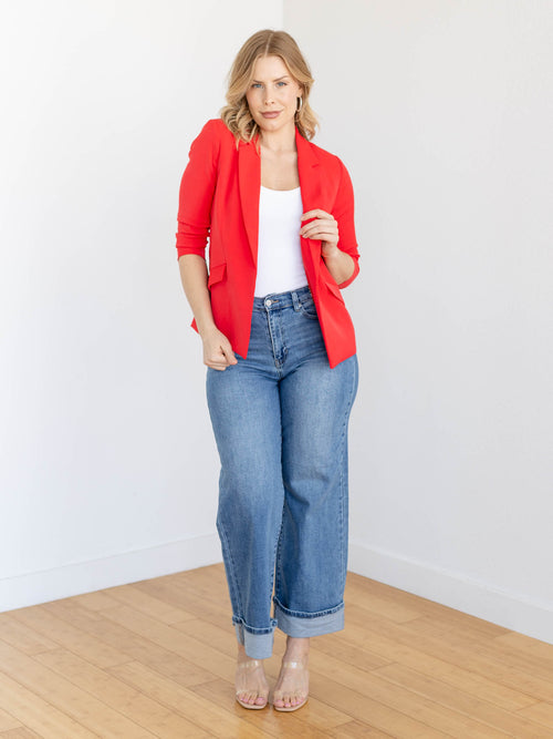 bold red ruched sleeve blazer