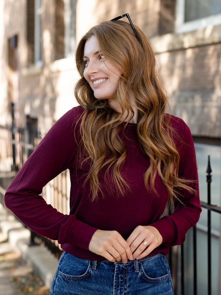 wine colored long sleeve top