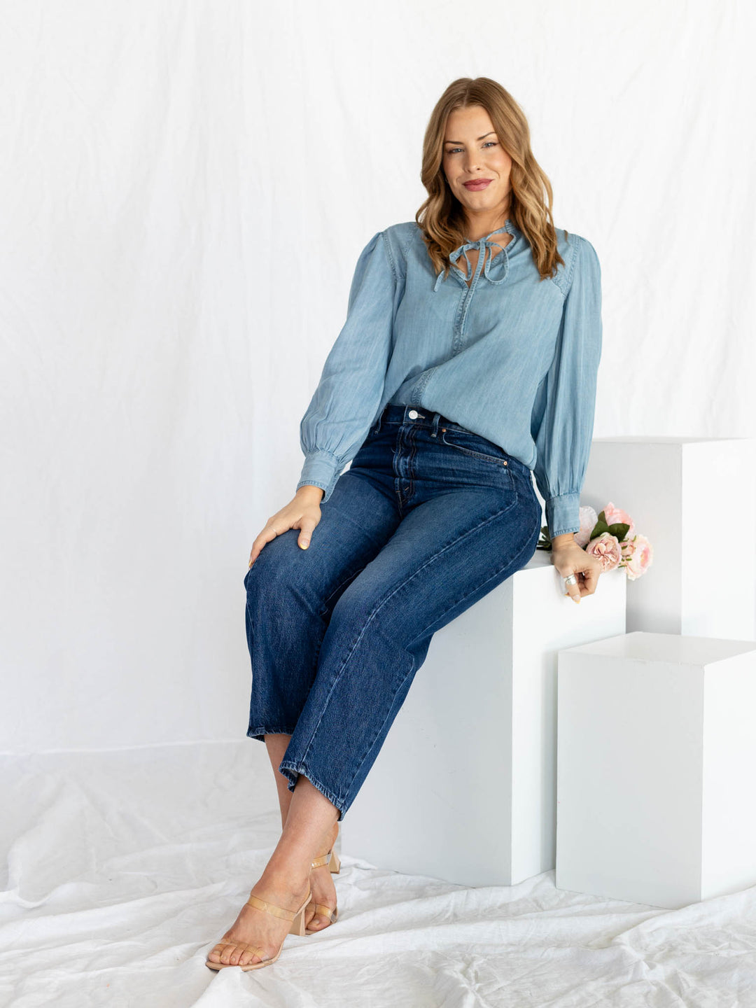 denim tie neck blouse