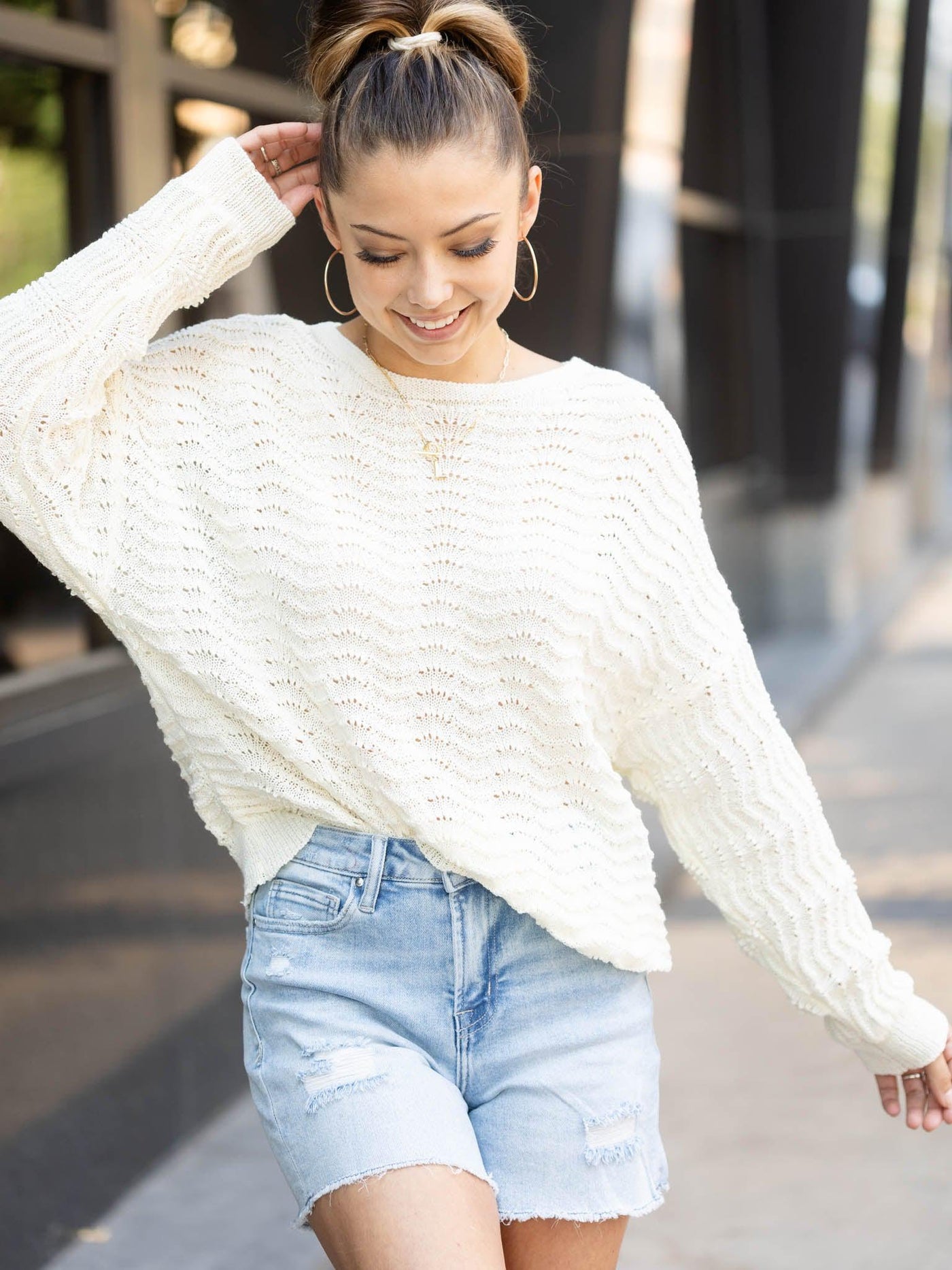 white loose knit sweater