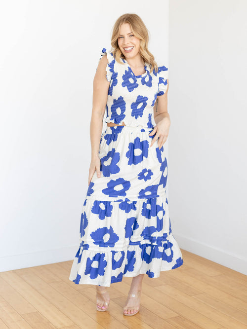 blue and white bold floral maxi skirt