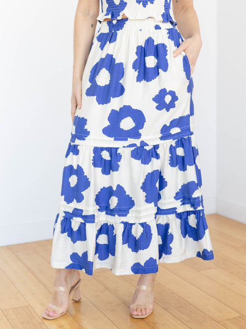blue and white bold floral maxi skirt