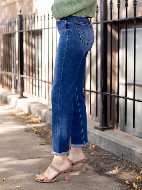 flared cropped washed dark denim