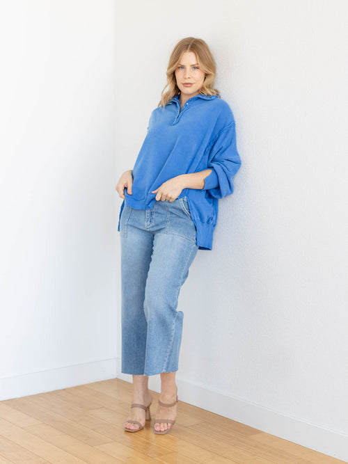 oversized blue henley sweatshirt