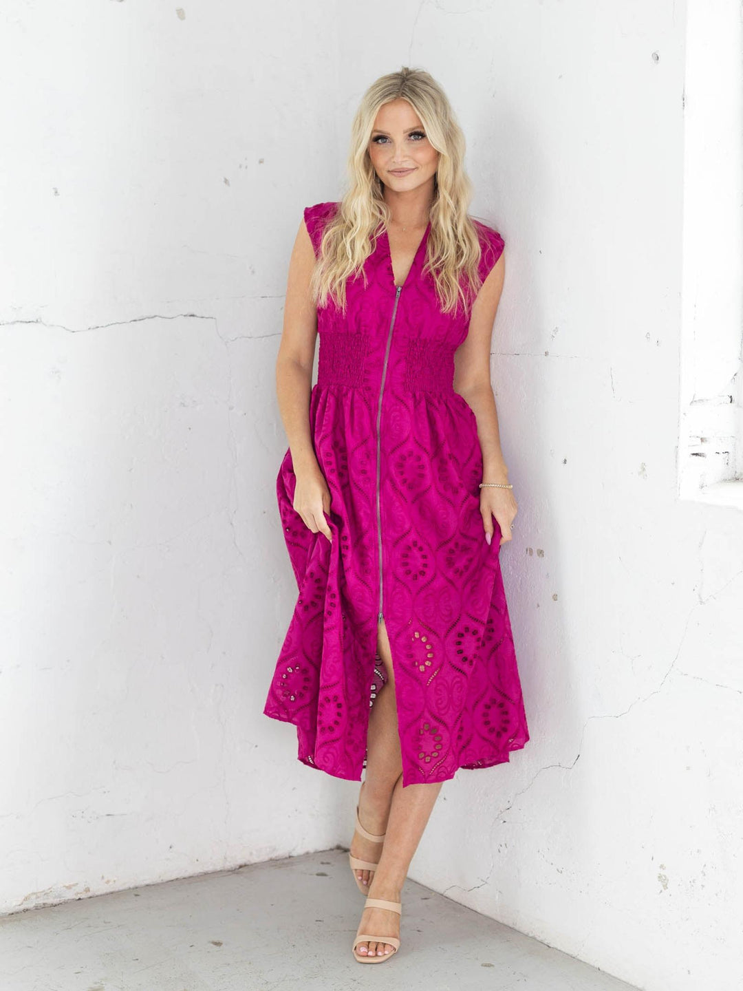 Front Zip Closure Embroidered Eyelet Lace Midi Dress