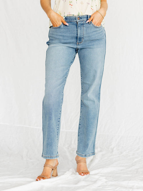 high rise straight leg denim