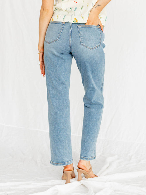 high rise straight leg denim