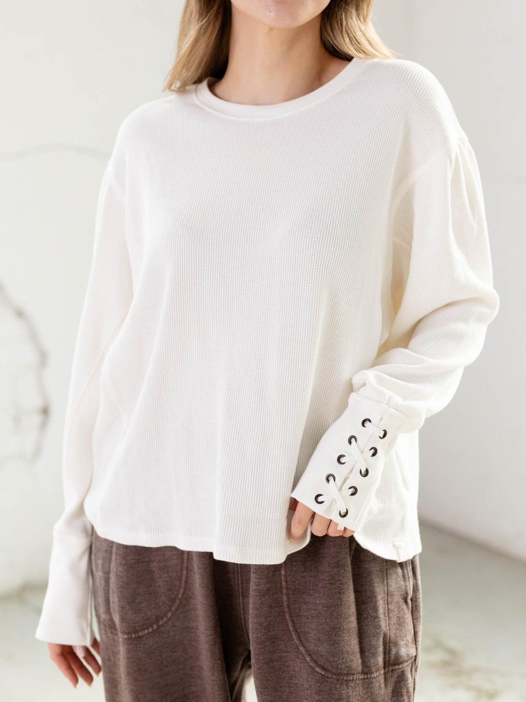 thermal lace cuff detail oversized top